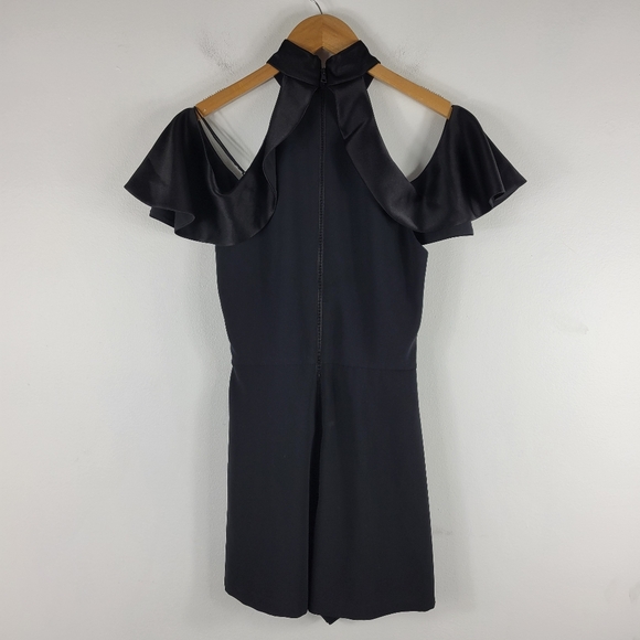 New Alice + Olivia Rosaline High Neck Satin Ruffle Cold Shoulder Pleated Romper - Picture 7 of 14